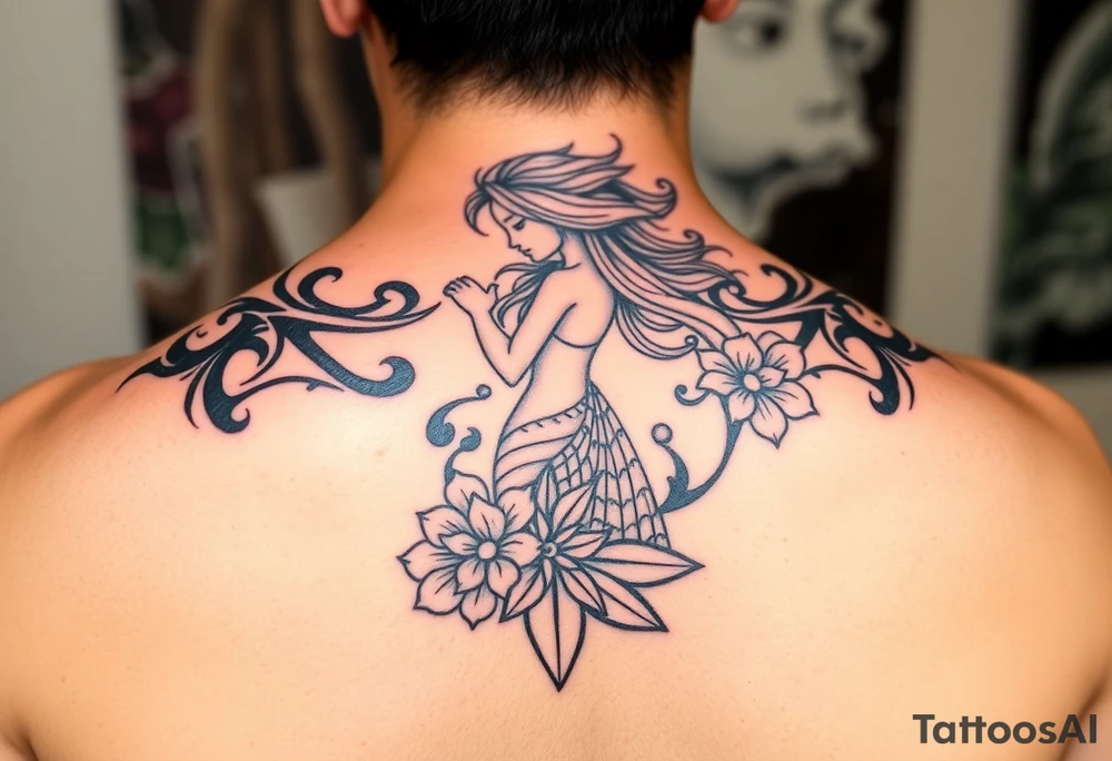 ethereal mermaid with flowing hair among coral and sea flowers tattoo idea