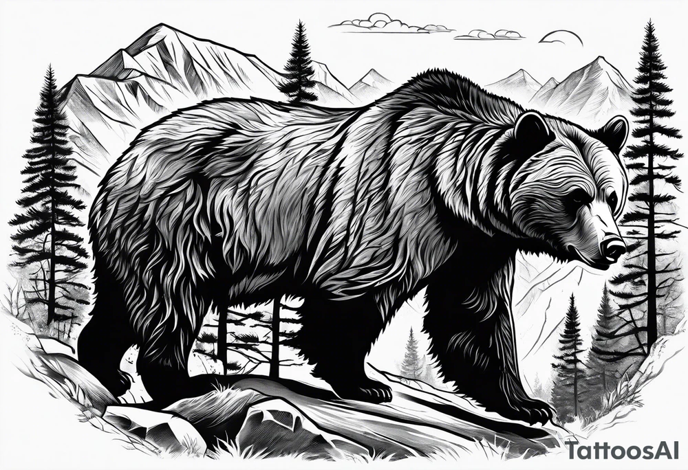 A grizzly bear scene hunting a wolf in the wild tattoo idea