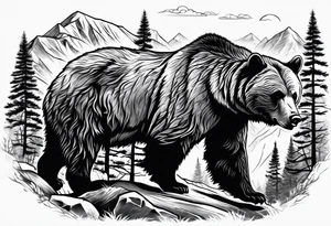 A grizzly bear scene hunting a wolf in the wild tattoo idea