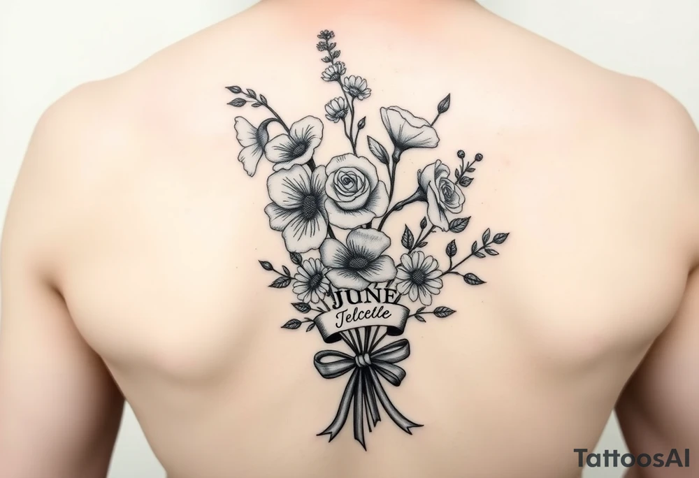 6 inches tall by 4 inches wide approximately, black and white tattoo with a bouquet of hollyhocks, one wild rose, and two wild flowers, put a stethoscope along side seperately from and include the name June Etta, Roxy, and Rosalie among the flowers , make the tattoo taller than it is wide, make the bouquet have a ribbon bow towards the bottom holding the flowers like they had just been picked from the garden tattoo idea