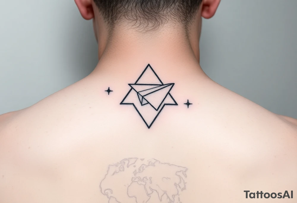 Small geometric triangle with a geometric paper plane with fine thin lines flying around the world with fine thin lines tattoo idea