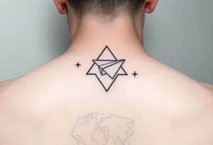 Small geometric triangle with a geometric paper plane with fine thin lines flying around the world with fine thin lines tattoo idea