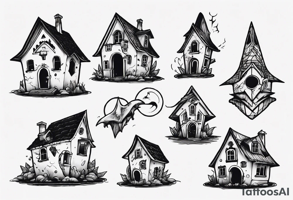 A little house with a monster coming out of its pointy roof tattoo idea