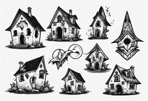 A little house with a monster coming out of its pointy roof tattoo idea