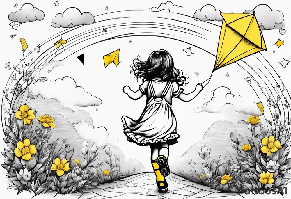 a little girl in a dress & a teddy bear in roller skates and yellow overalls, flying kites tattoo idea