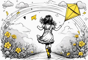 a little girl in a dress & a teddy bear in roller skates and yellow overalls, flying kites tattoo idea