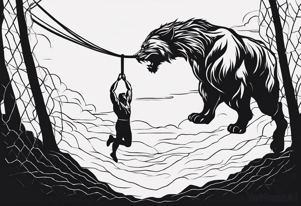 A man suspended in mid-air, held by a rope tied around his neck, the rope stemming from his own heart. The heart symbolizes his emotions and feelings, keeping him trapped within himself, unable to move forward.

On one side of him, a menacing beast represents his rage and inner fury. The beast glows with the weight of his sins and mistakes, embodying the destructive power of his darkest emotions. Its eyes burn with anger, and its claws seem ready to tear through his psyche, an embodiment of the chaos he battles within.

On the other side, a serene, angelic figure represents his good side, radiating peace and hope. This figure calls out to him, beckoning him toward redemption and a righteous path. The angel’s calm expression and open hand reflect compassion, purity, and the promise of a better future.

The design should be rendered in a stylish old-school black-and-white aesthetic, with intricate linework and shading to add depth and realism. The stark contrast between the man, the beast, and the angel will emphasize the internal conflict. A balance of bold outlines and fine details will evoke a sense of timelessness and emotional intensity, making the tattoo visually striking and deeply symbolic. tattoo idea