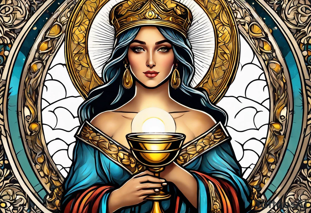 woman saint holding chalice surrounded by golden halo portrait tattoo idea