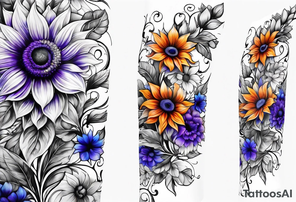 Full leg sleeve with purple, orange and blue sunflowers tattoo idea