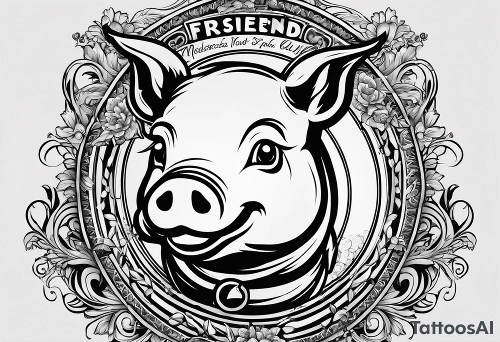 cute pig or piglet.
with text: "friends not food" 

only very thin lines. no shading. black and white only. simple outline only tattoo idea