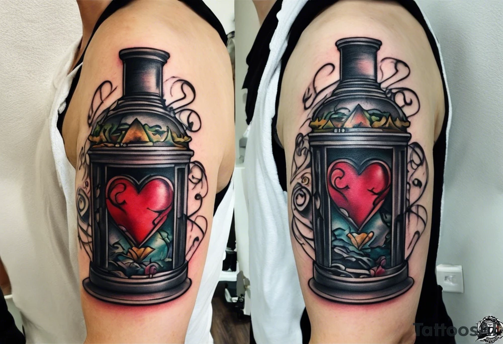 Ok so on my forearm I was wanting like a nitrous bottle with a line going into my veins and like lines weaving in and out of my veins all the way up to my chest and have a turbo heart on my left peck but on the I was also wanting brother hood embedded on the lines tattoo idea