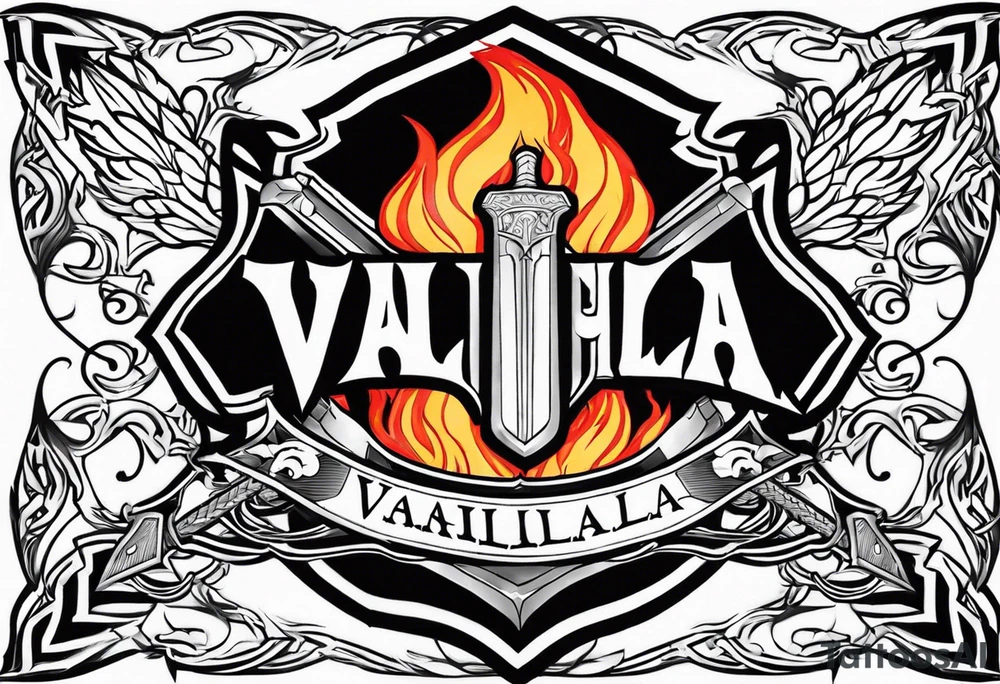 Valhalla on fire shield sword tattoo idea