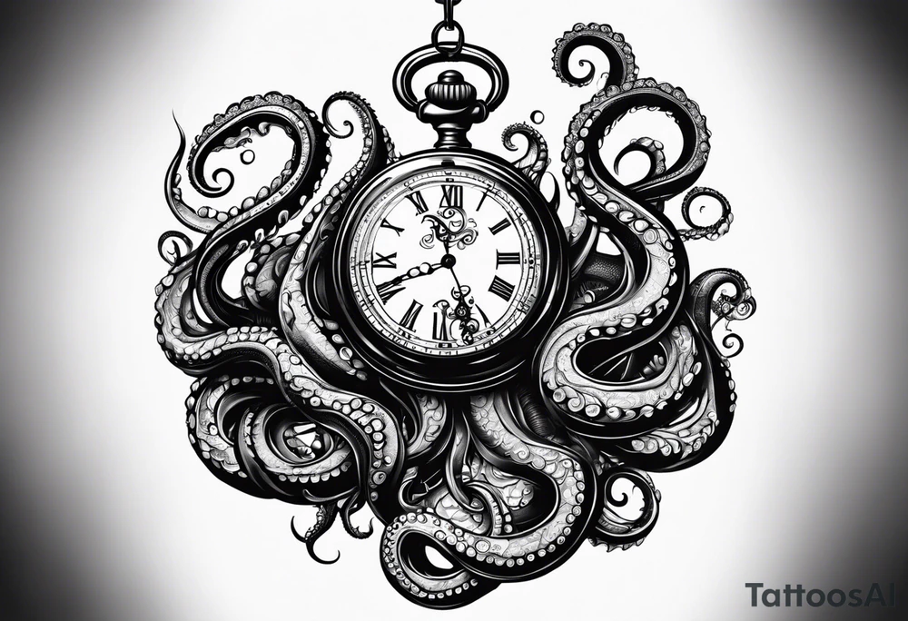 pocket watch being wrapped by an aggressive octopus tattoo idea