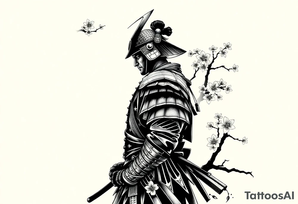 noble samurai warrior silhouette at sunset with cherry blossoms tattoo idea