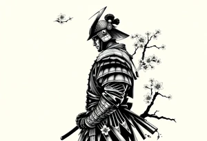 noble samurai warrior silhouette at sunset with cherry blossoms tattoo idea