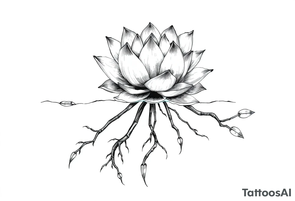 Lotus flower floats in the water long roots meander downwards tattoo idea