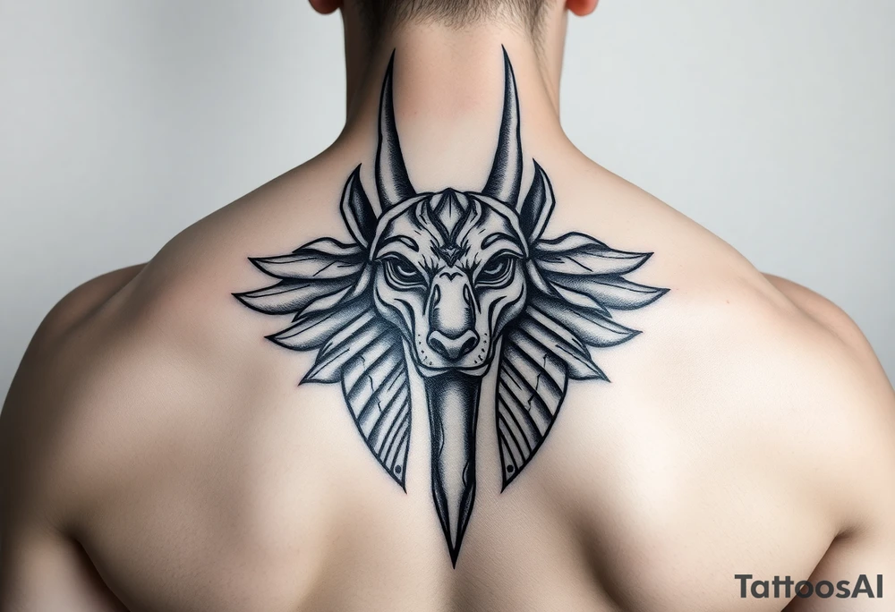 muscle Egyptian Anubis god face in Egypt style tattoo idea