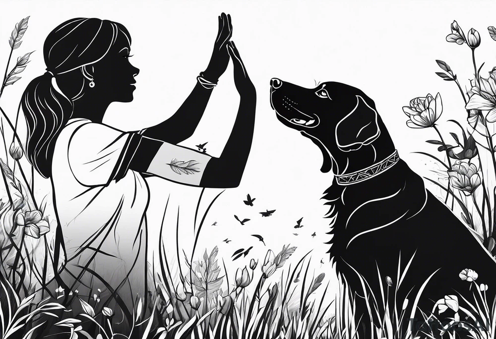 a girl giving high five to her labrador dog on a meadow tattoo idea