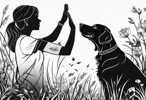a girl giving high five to her labrador dog on a meadow tattoo idea