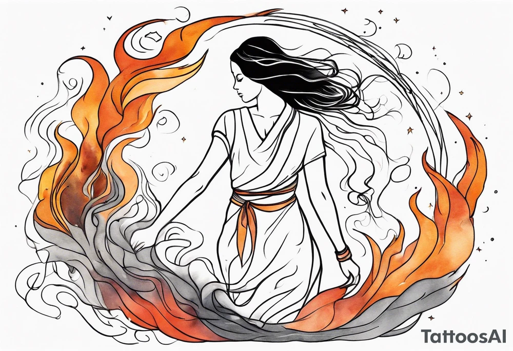 Resurrection strength and courage overcoming trauma Beautiful Woman walking away fire and chaos to inner peace and self-love  ethereal tattoo idea