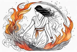 Resurrection strength and courage overcoming trauma Beautiful Woman walking away fire and chaos to inner peace and self-love  ethereal tattoo idea