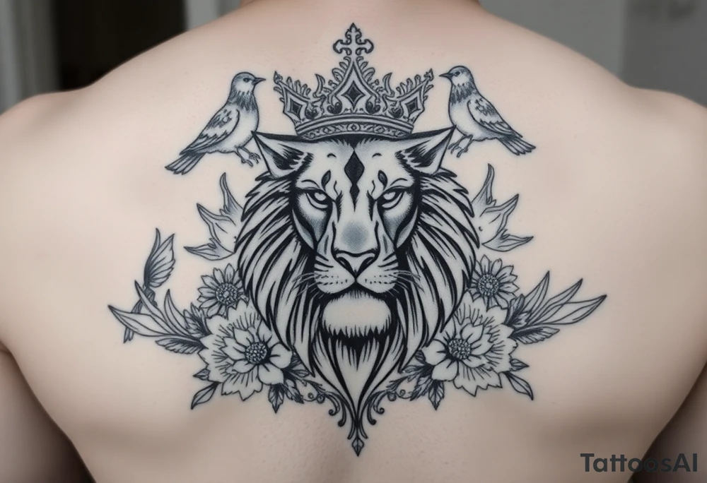 powerful majestic lion with a crown, surrounded by floral ornaments and birds tattoo idea