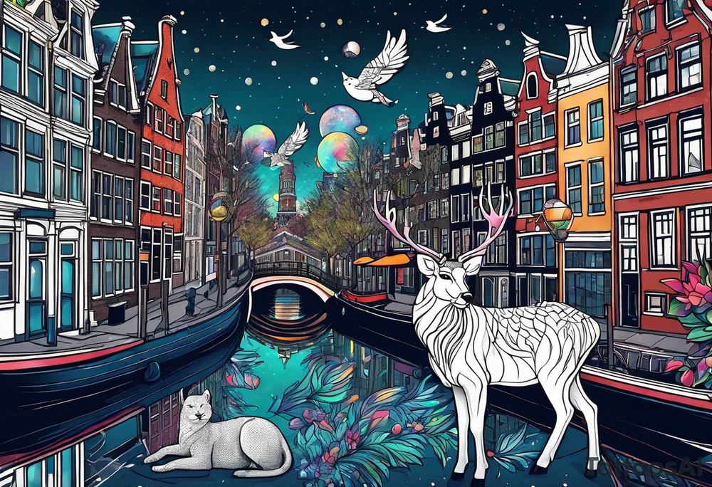 Stag deer with white tiger and birds with pineapples featuring Amsterdam buildings and canal in galaxy colours and Amsterdam buildings and canal in space featuring animals made of glass tattoo idea