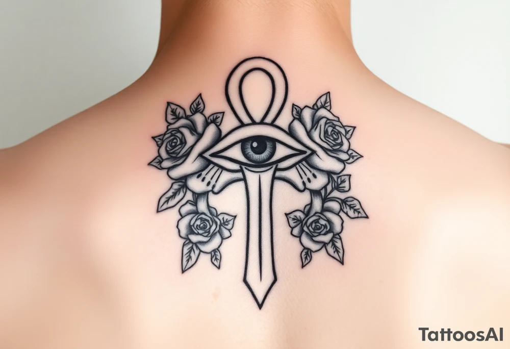 The ankh symbol with the eye of horus intertwined with roses tattoo idea