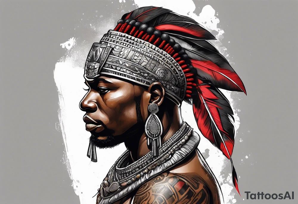 african warrior with a small silver crown and a red necklace tattoo idea
