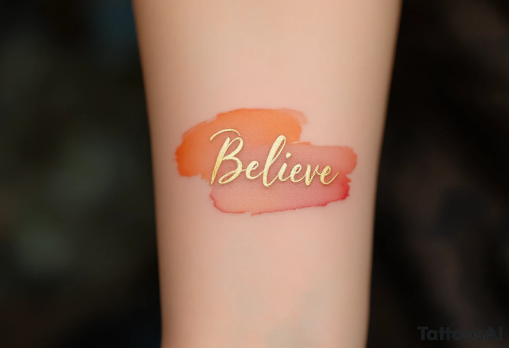 "Believe" in a brushstroke of gold with a faded sunset orange gradient in the background, capturing optimism and a bright future. tattoo idea