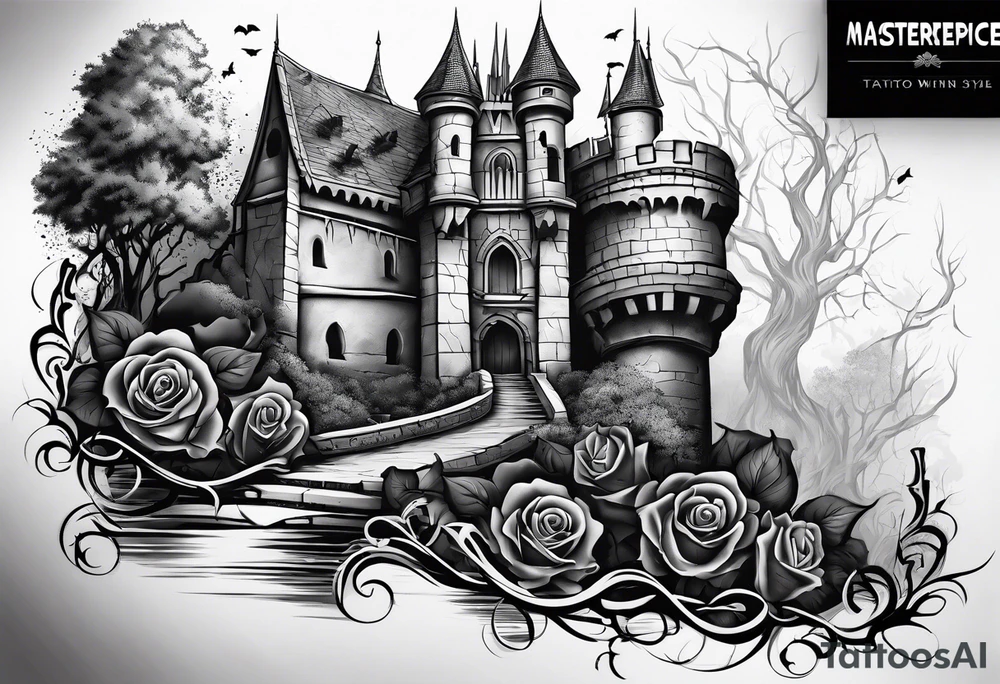 tattoo fool sleeve, old broken gothic castle, broken sword, tree roots break out of the chains, roses tattoo idea