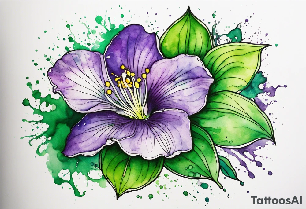 An outline of a green rio dipladenia flower and a green/purple watercolor splash in the background tattoo idea