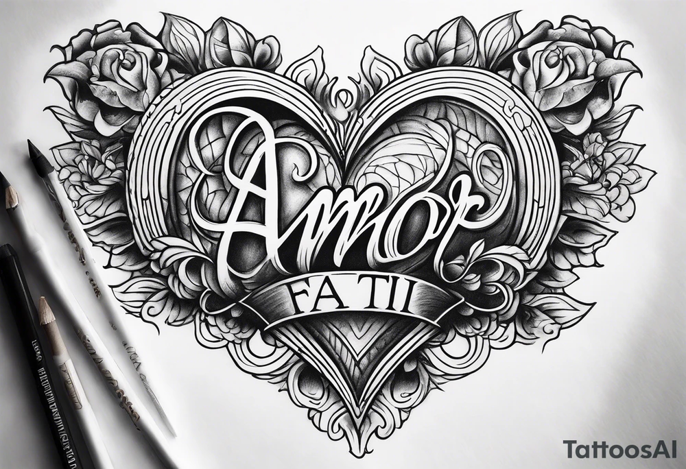 The word
 Amor fati with a burning heart tattoo idea