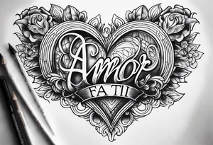The word
 Amor fati with a burning heart tattoo idea