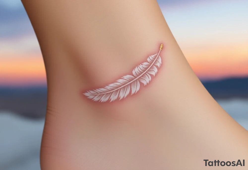 An angel’s feather in soft white with golden tips, floating gently against a twilight sky tattoo idea