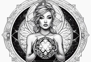 Woman holding orb of divinity overhead tattoo idea