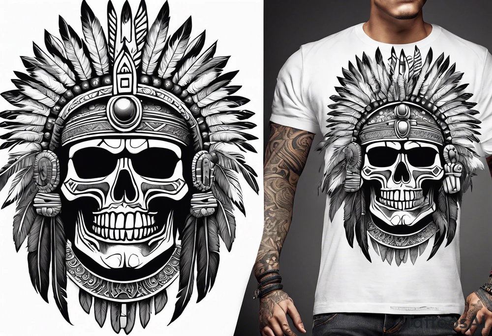 aztec god of death Mictlantecuhtli with long feathers around his head and skull as a head tattoo idea