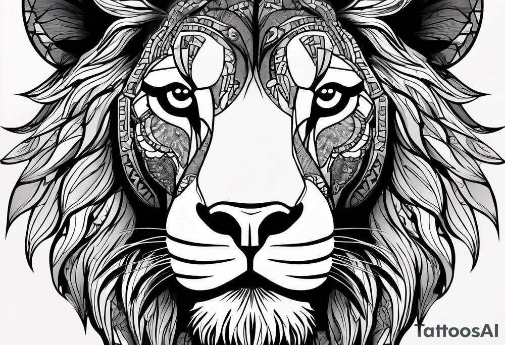 Using abstract art techniques, this design would depict the lion with unconventional shapes and vibrant colors, creating a modern and artistic interpretation. tattoo idea