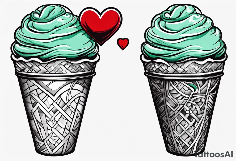 simple mint chocolate chip ice cream cone with small red heart on it somewhere. tattoo idea