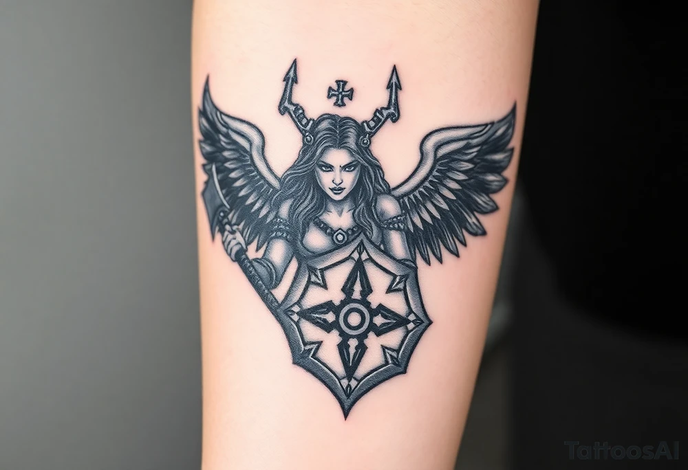 A fierce looking Valkyrie with huge dark wings. She's wielding a menacing axe and a sturdy shield with a vegvisir symbol.

Her face is really attractive but screaming with battle rage.

She's heavily armored and ready for battle tattoo idea