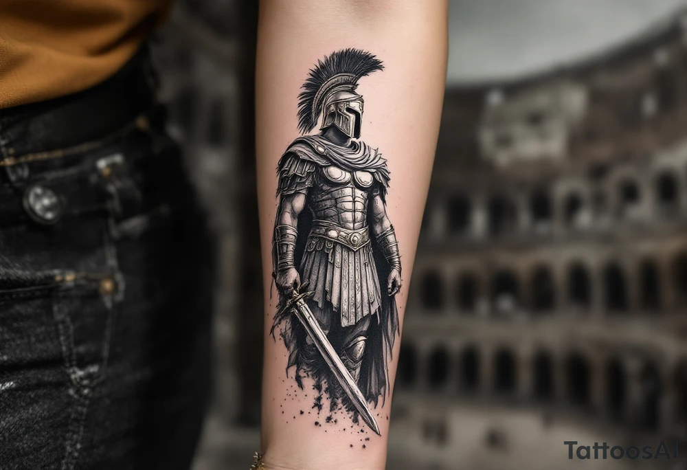 gladiator roman soldier standing colosseum interior combat sword helmet cape sand wind eagle legion trace tattoo idea