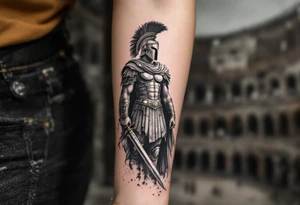 gladiator roman soldier standing colosseum interior combat sword helmet cape sand wind eagle legion trace tattoo idea