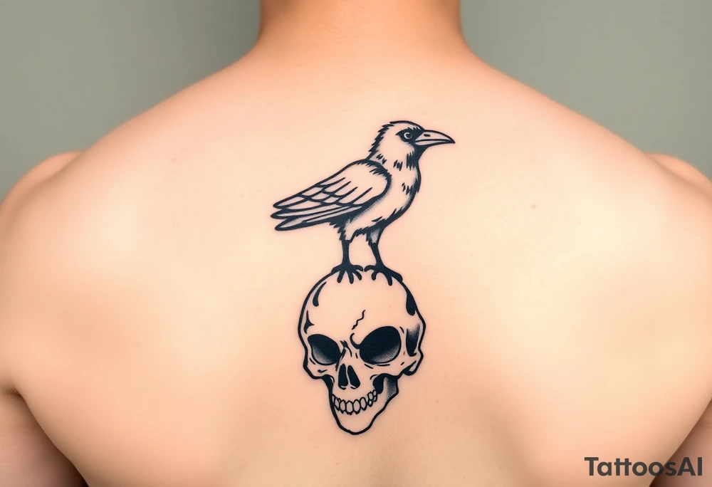 Crow standing on skull tattoo idea