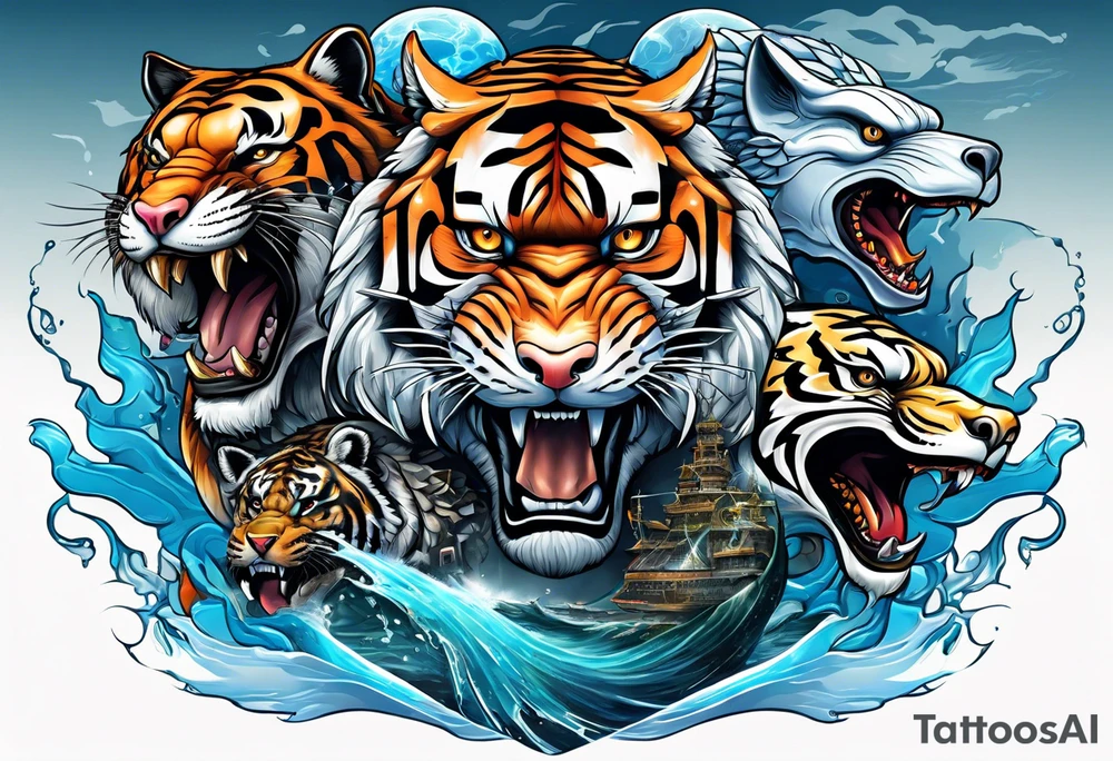 Combine hammerhead, tiger, and falcon to merge air, earth and water tattoo idea