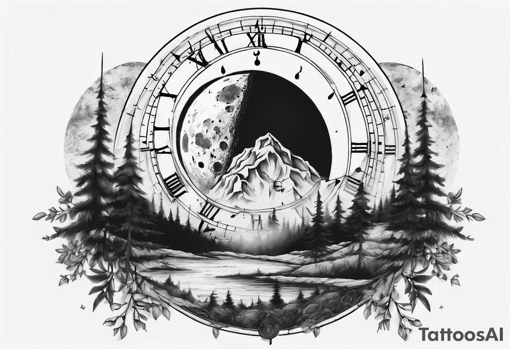A moon with a face of clock. A mountain in the back ground. The tress in front of the moon tattoo idea