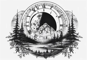 A moon with a face of clock. A mountain in the back ground. The tress in front of the moon tattoo idea