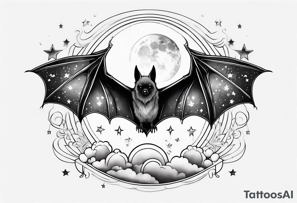 A bat wrapped in clouds and smoke with stars and sparkles and a moon tattoo idea