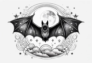 A bat wrapped in clouds and smoke with stars and sparkles and a moon tattoo idea