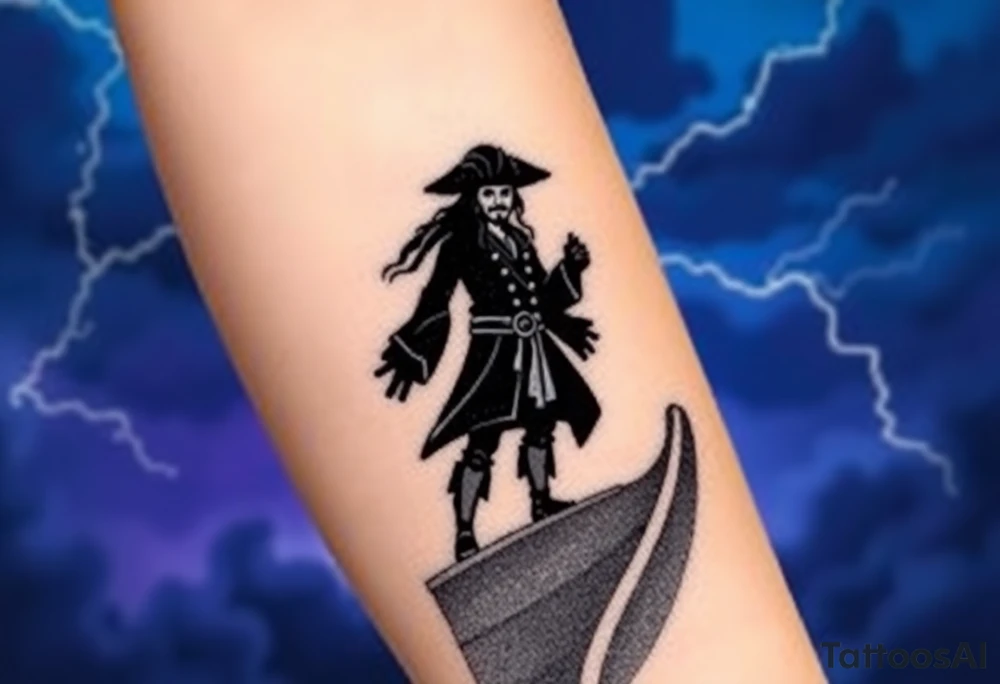 A dark silhouette of Jack Sparrow standing on the bow of a ship, with lightning illuminating the stormy sky behind him in deep blues and purples. tattoo idea