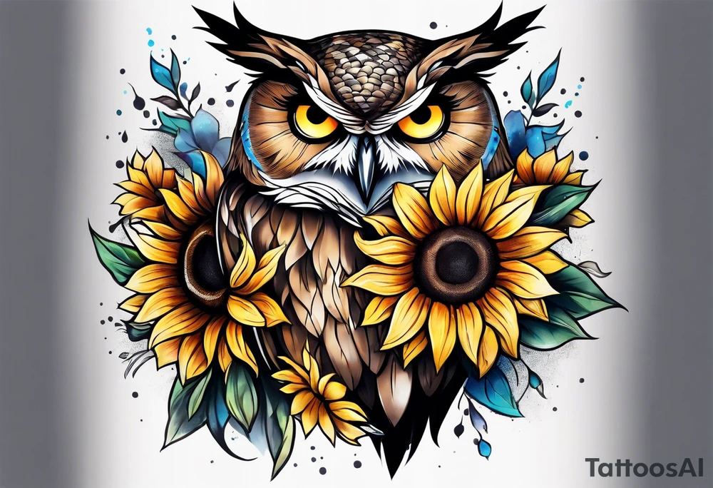 Owl and sunflower sleeve tattoo idea
